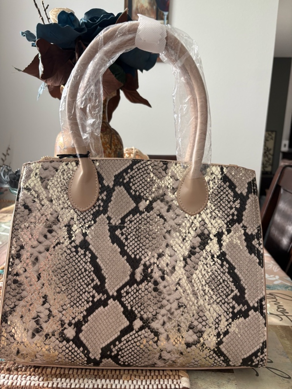 Beige and Black Snake-Print Structured Shoulder Bag